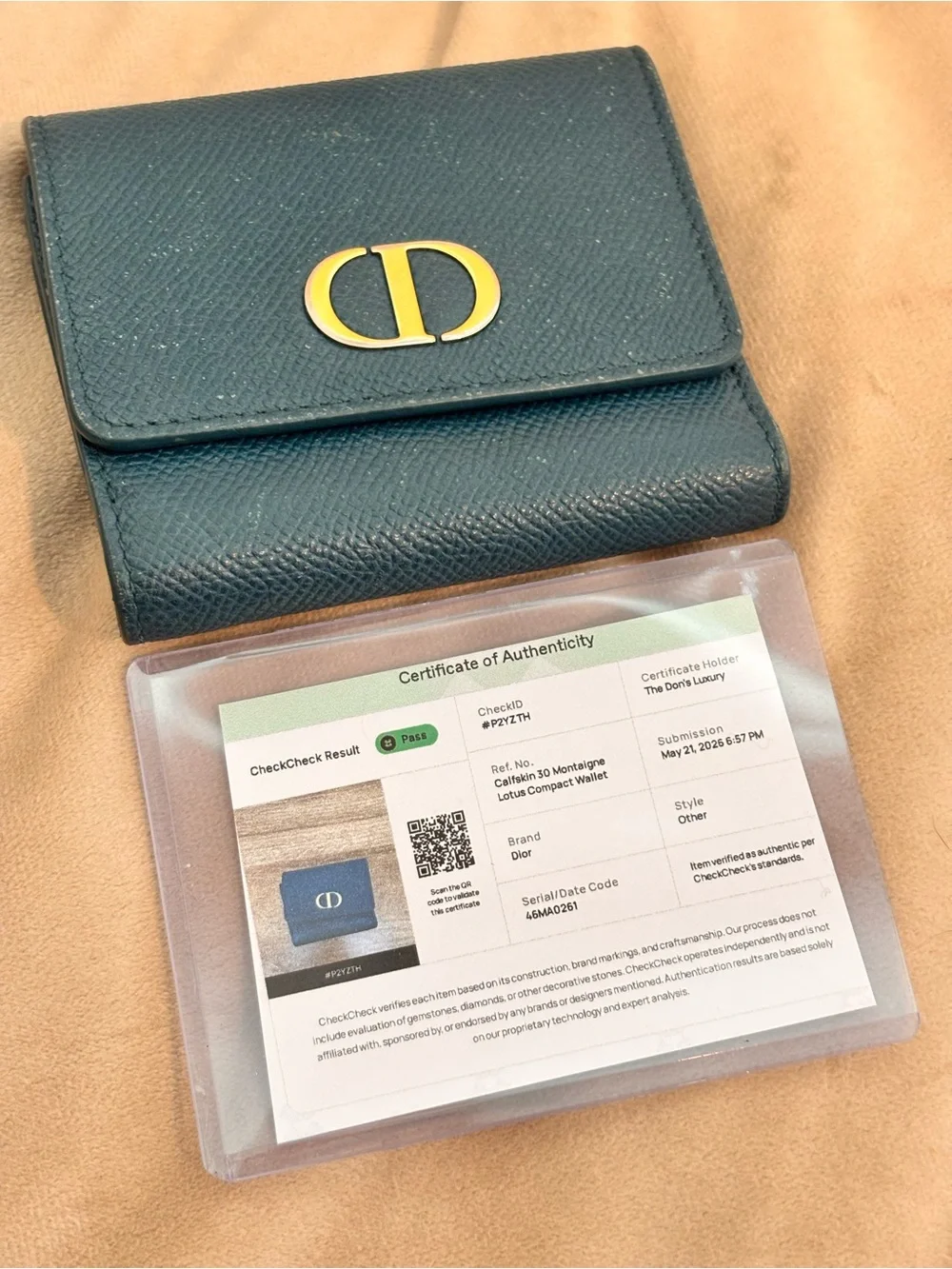 Christian Dior 30 Montaigne Lotus Teal Pebbled Leather Compact Wallet W/ COA